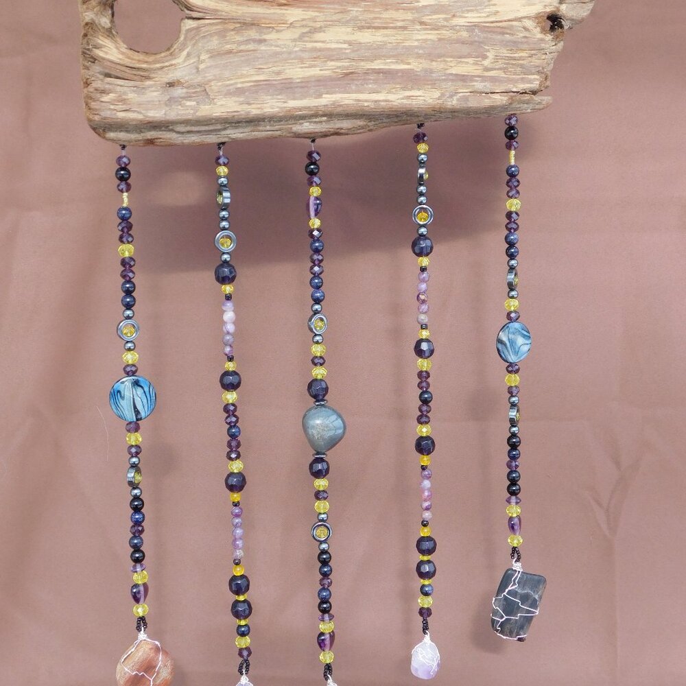 (Lucy) Driftwood Suncatcher Mobile glass beads pet wood amethyst quartz
